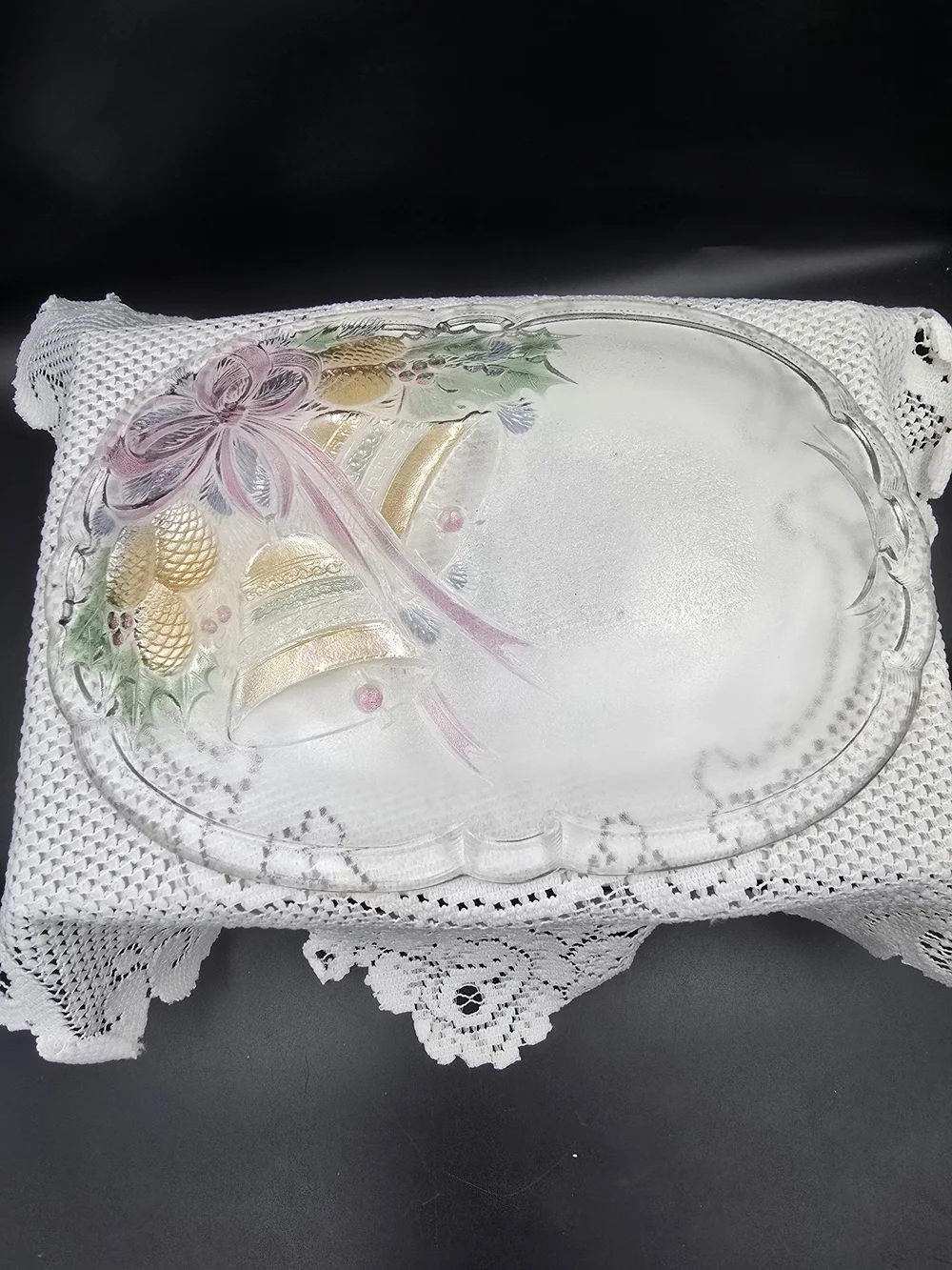 Festive Decorative Glass Holiday Platter with Bell and Pinecone Motif